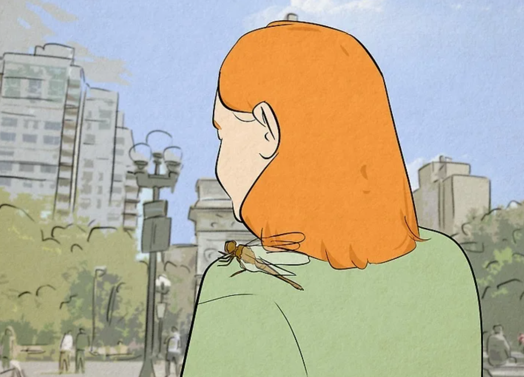 Illustration of a dragonfly perched on a person's shoulder in a city park
