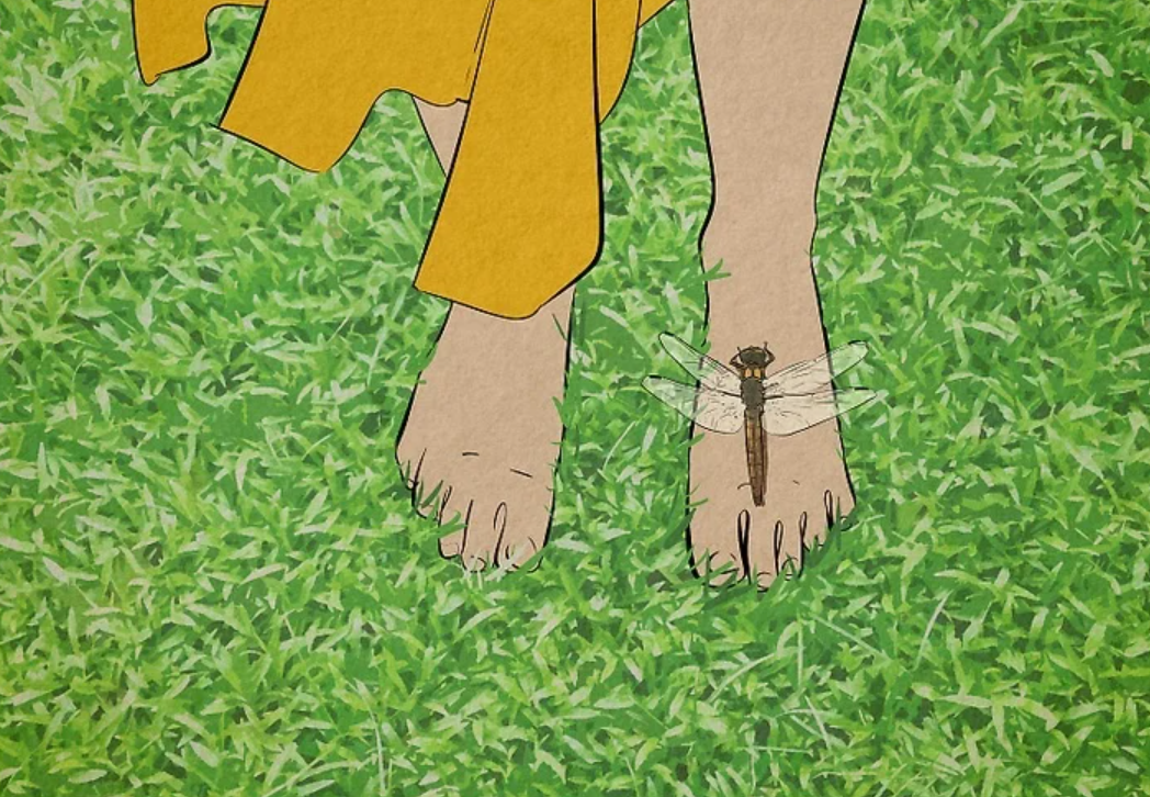 Illustration of a dragonfly resting on a person's foot in grass