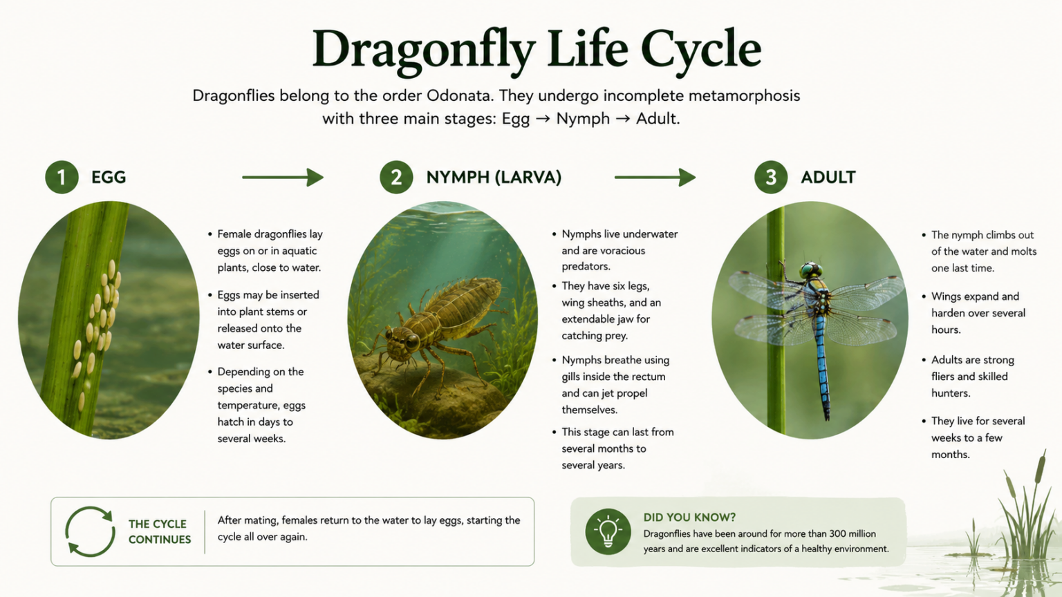 Overview diagram showing the egg, aquatic nymph and adult stages of the dragonfly life cycle