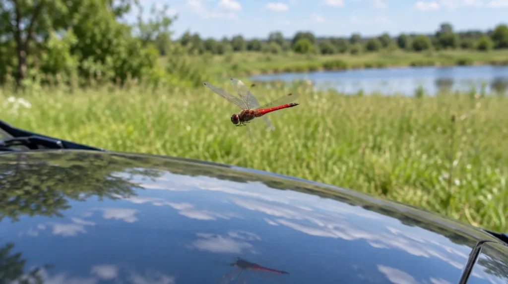 dragonfly hovering over car hood