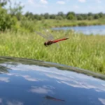 dragonfly hovering over car hood